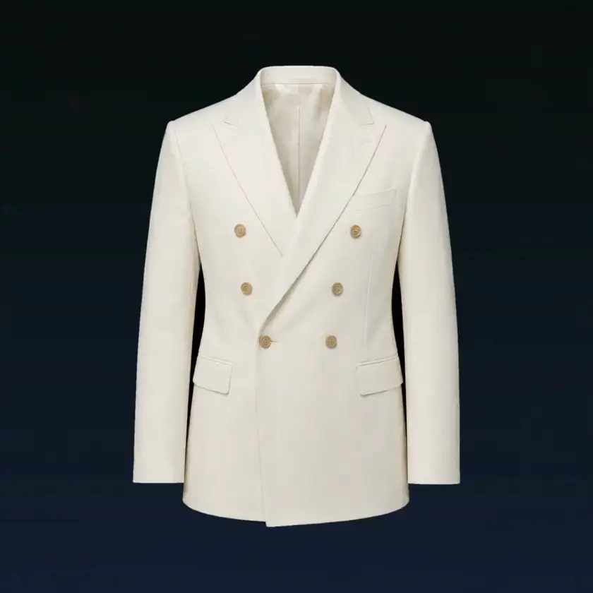 A cream double breasted jacket, made to measure by Kensington Collective.