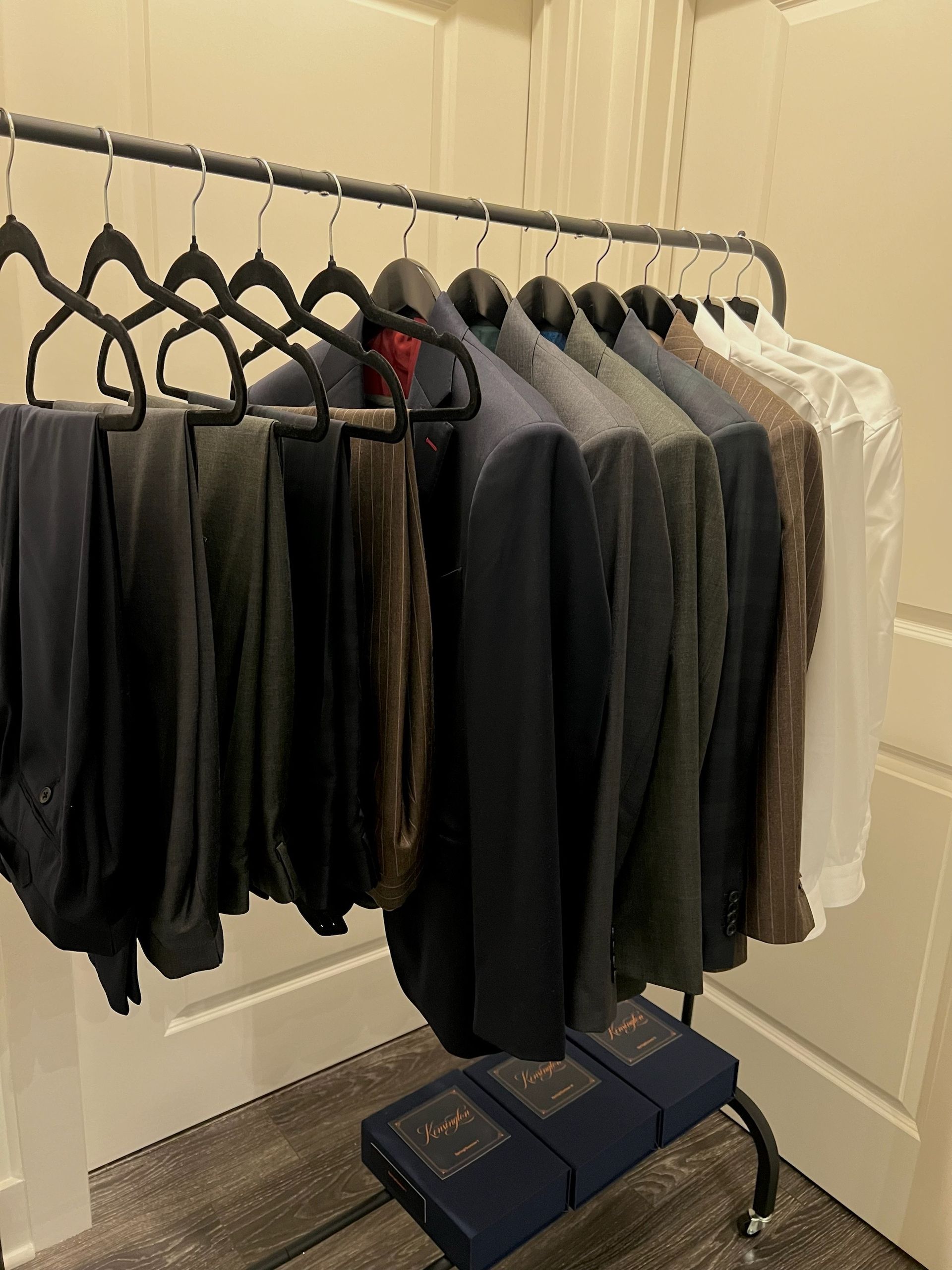 The studio rail of finished garments.